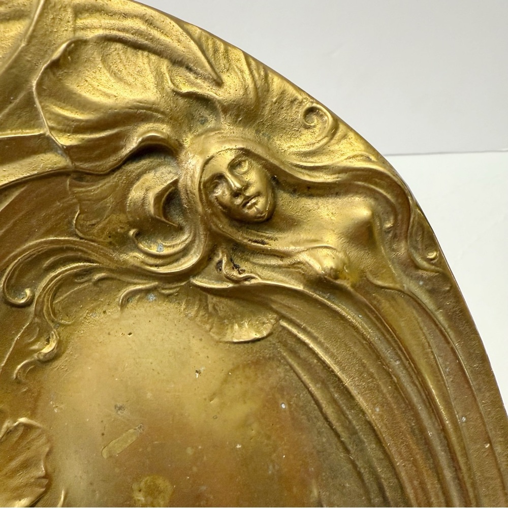Vintage Art Nouveau Ethereal Woman Iris Floral Solid Brass Trinket Dish Catchall - Picture 6 of 12